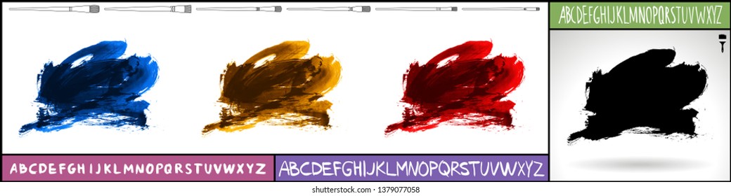 Brush stroke set and handwritten alphabet. Grunge vector abstract hand - painted element. Underline and border design.