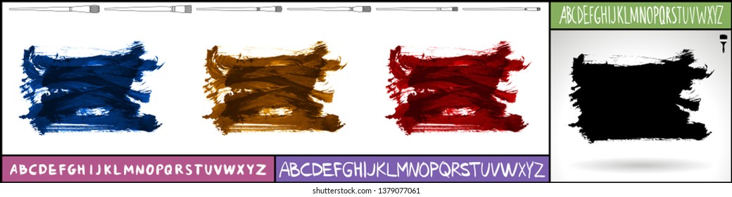 Brush stroke set and handwritten alphabet. Grunge vector abstract hand - painted element. Underline and border design.