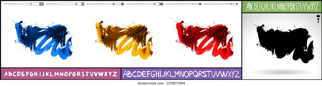 Brush stroke set and handwritten alphabet. Grunge vector abstract hand - painted element. Underline and border design.