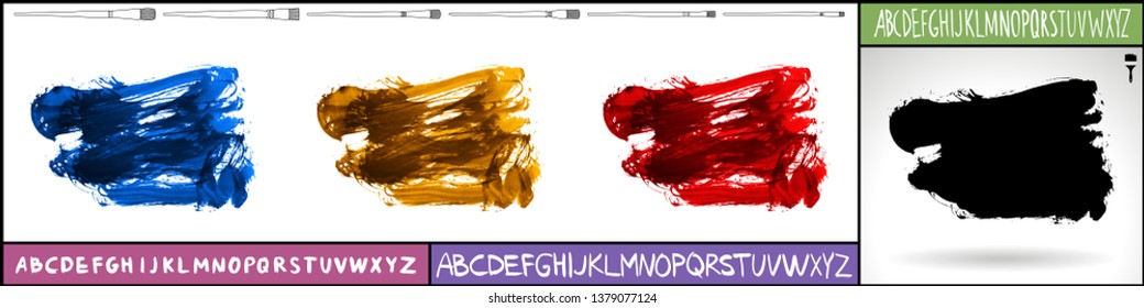 Brush stroke set and handwritten alphabet. Grunge vector abstract hand - painted element. Underline and border design.