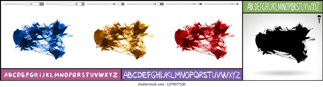 Brush stroke set and handwritten alphabet. Grunge vector abstract hand - painted element. Underline and border design.