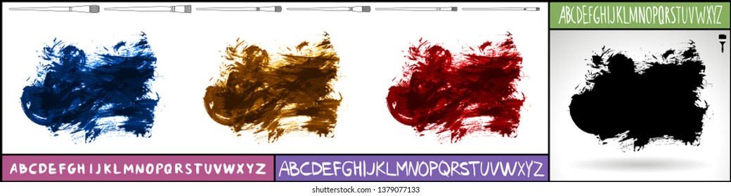 Brush stroke set and handwritten alphabet. Grunge vector abstract hand - painted element. Underline and border design.