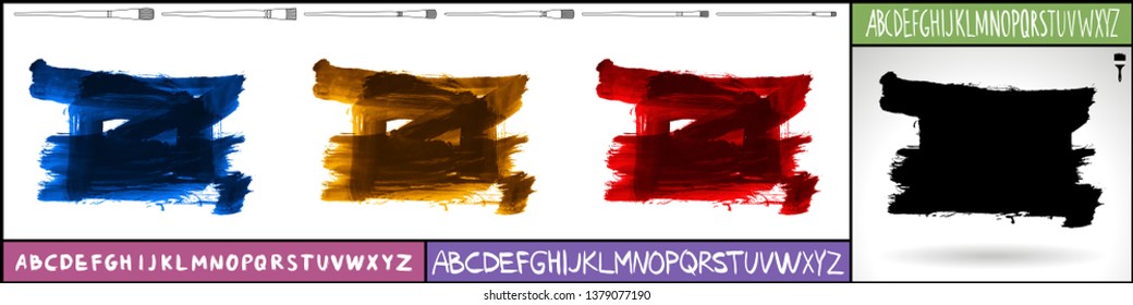 Brush stroke set and handwritten alphabet. Grunge vector abstract hand - painted element. Underline and border design.