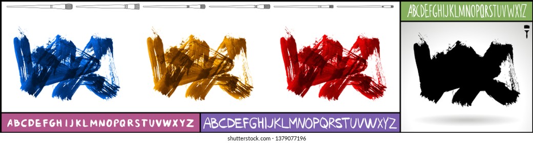 Brush stroke set and handwritten alphabet. Grunge vector abstract hand - painted element. Underline and border design.