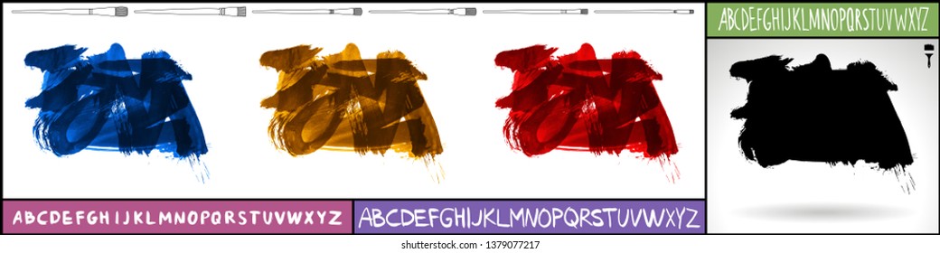 Brush stroke set and handwritten alphabet. Grunge vector abstract hand - painted element. Underline and border design.