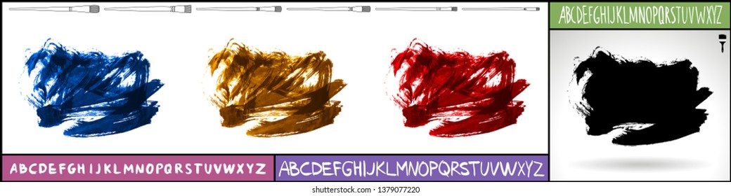 Brush stroke set and handwritten alphabet. Grunge vector abstract hand - painted element. Underline and border design.