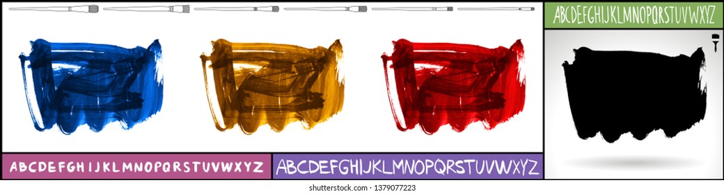 Brush stroke set and handwritten alphabet. Grunge vector abstract hand - painted element. Underline and border design.