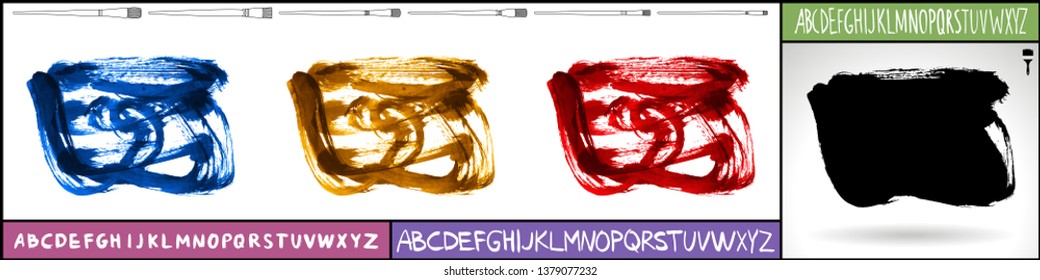 Brush stroke set and handwritten alphabet. Grunge vector abstract hand - painted element. Underline and border design.