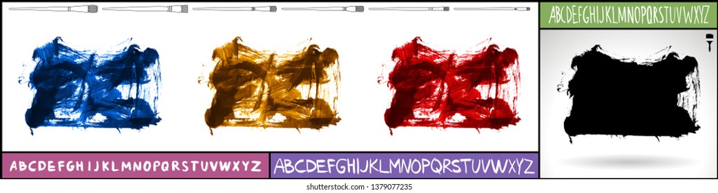 Brush stroke set and handwritten alphabet. Grunge vector abstract hand - painted element. Underline and border design.