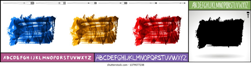 Brush stroke set and handwritten alphabet. Grunge vector abstract hand - painted element. Underline and border design.