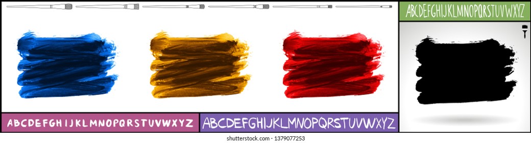 Brush stroke set and handwritten alphabet. Grunge vector abstract hand - painted element. Underline and border design.