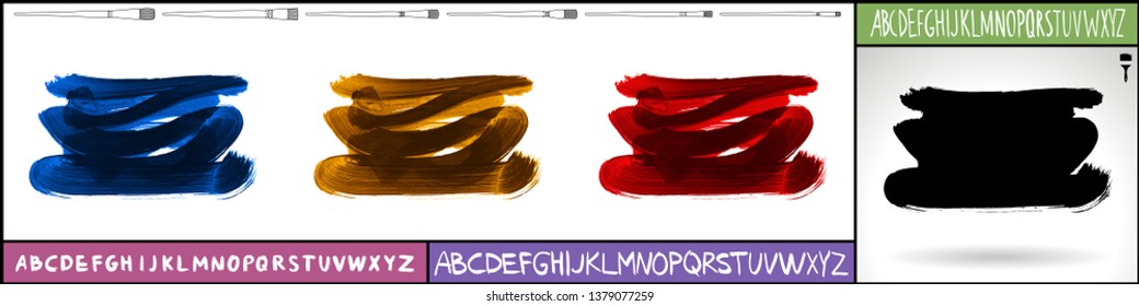 Brush stroke set and handwritten alphabet. Grunge vector abstract hand - painted element. Underline and border design.