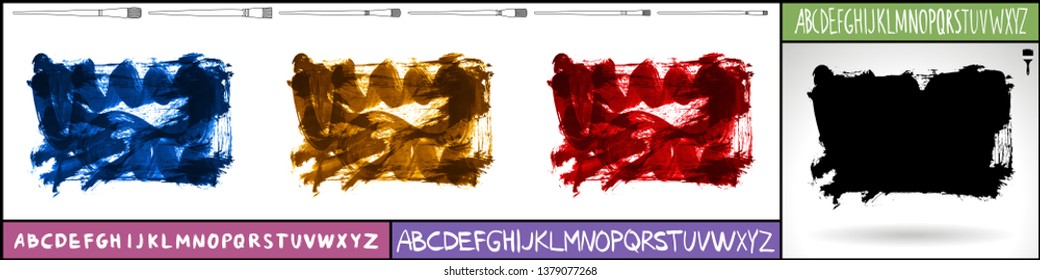 Brush stroke set and handwritten alphabet. Grunge vector abstract hand - painted element. Underline and border design.