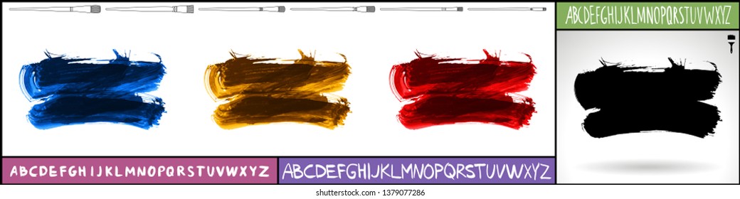Brush stroke set and handwritten alphabet. Grunge vector abstract hand - painted element. Underline and border design.