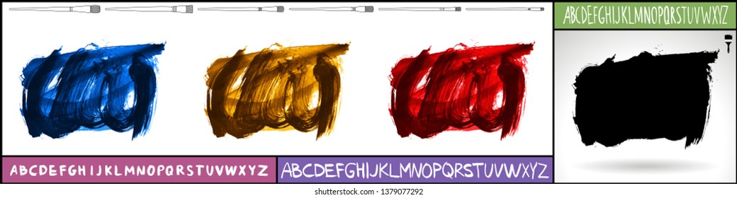 Brush stroke set and handwritten alphabet. Grunge vector abstract hand - painted element. Underline and border design.