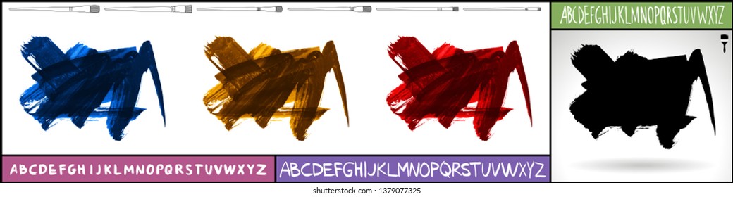 Brush stroke set and handwritten alphabet. Grunge vector abstract hand - painted element. Underline and border design.