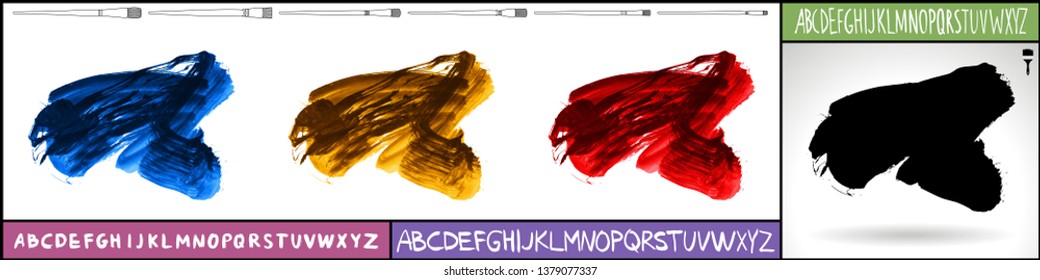 Brush stroke set and handwritten alphabet. Grunge vector abstract hand - painted element. Underline and border design.