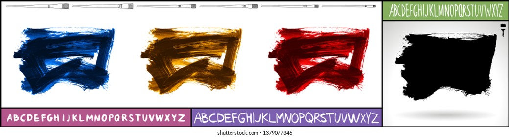 Brush stroke set and handwritten alphabet. Grunge vector abstract hand - painted element. Underline and border design.