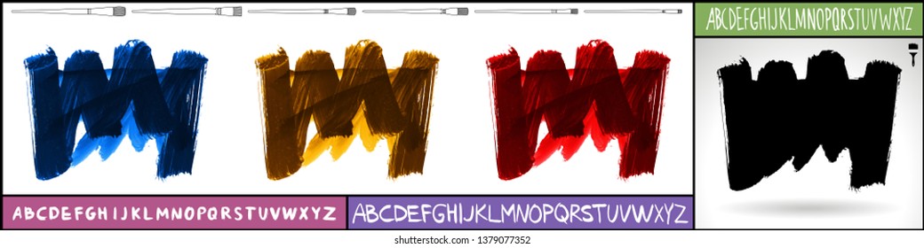 Brush stroke set and handwritten alphabet. Grunge vector abstract hand - painted element. Underline and border design.