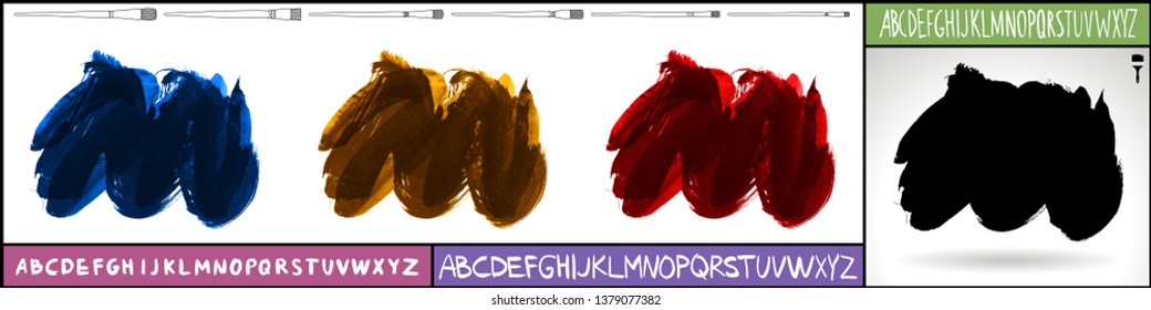 Brush stroke set and handwritten alphabet. Grunge vector abstract hand - painted element. Underline and border design.