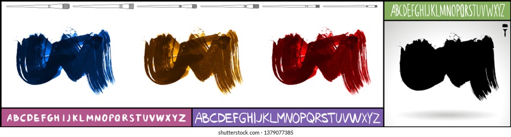 Brush stroke set and handwritten alphabet. Grunge vector abstract hand - painted element. Underline and border design.