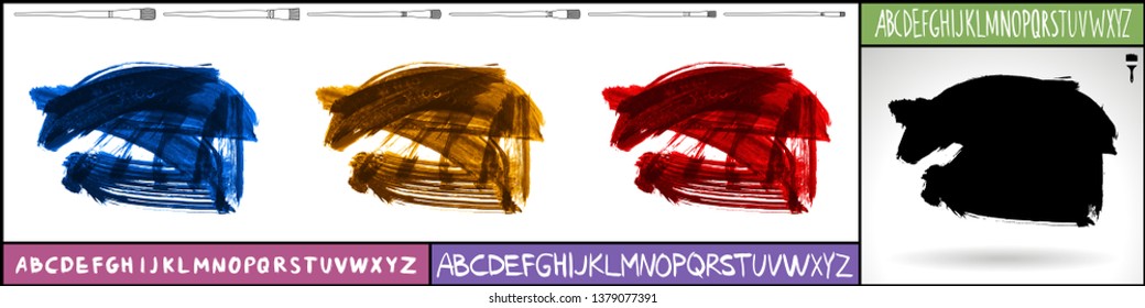 Brush stroke set and handwritten alphabet. Grunge vector abstract hand - painted element. Underline and border design.