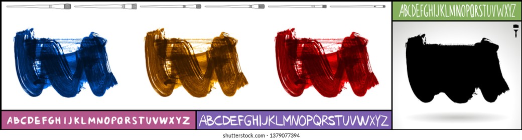 Brush stroke set and handwritten alphabet. Grunge vector abstract hand - painted element. Underline and border design.