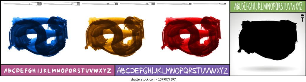Brush stroke set and handwritten alphabet. Grunge vector abstract hand - painted element. Underline and border design.