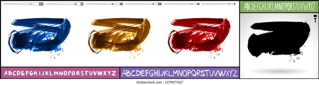 Brush stroke set and handwritten alphabet. Grunge vector abstract hand - painted element. Underline and border design.