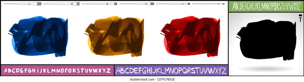 Brush stroke set and handwritten alphabet. Grunge vector abstract hand - painted element. Underline and border design.