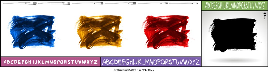 Brush stroke set and handwritten alphabet. Grunge vector abstract hand - painted element. Underline and border design.