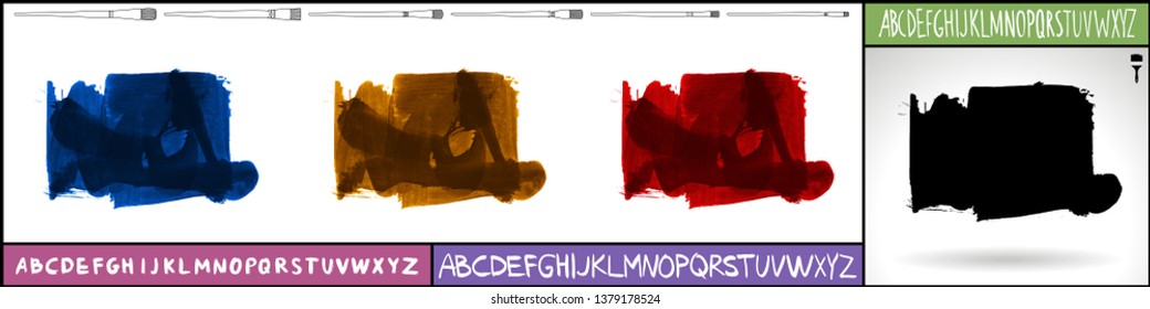 Brush stroke set and handwritten alphabet. Grunge vector abstract hand - painted element. Underline and border design.