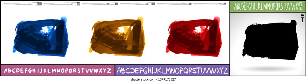 Brush stroke set and handwritten alphabet. Grunge vector abstract hand - painted element. Underline and border design.