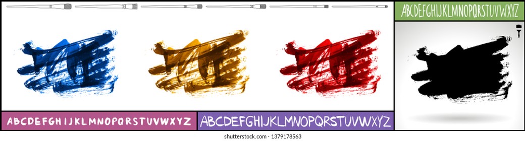 Brush stroke set and handwritten alphabet. Grunge vector abstract hand - painted element. Underline and border design.