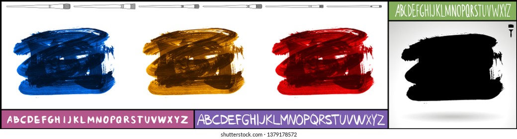 Brush stroke set and handwritten alphabet. Grunge vector abstract hand - painted element. Underline and border design.