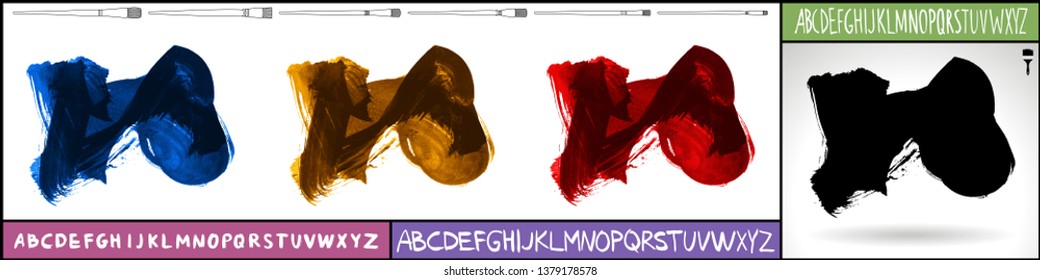 Brush stroke set and handwritten alphabet. Grunge vector abstract hand - painted element. Underline and border design.