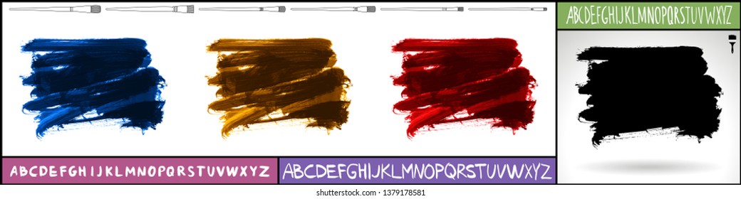 Brush stroke set and handwritten alphabet. Grunge vector abstract hand - painted element. Underline and border design.