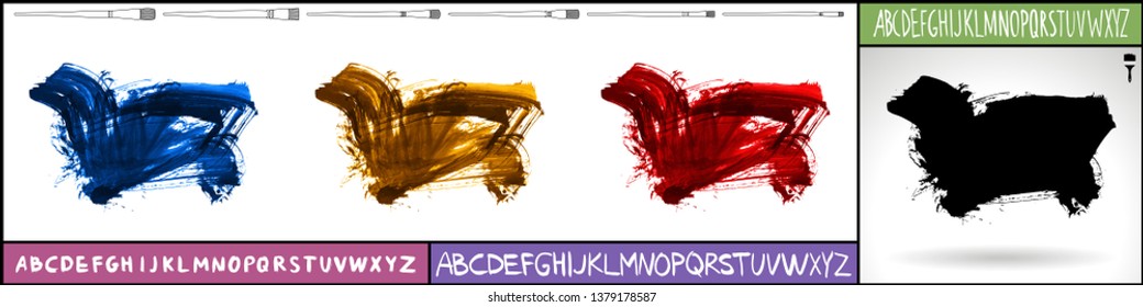 Brush stroke set and handwritten alphabet. Grunge vector abstract hand - painted element. Underline and border design.