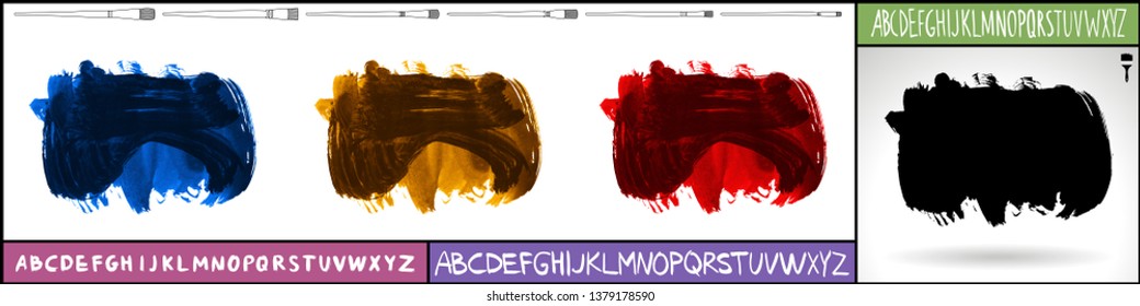 Brush stroke set and handwritten alphabet. Grunge vector abstract hand - painted element. Underline and border design.