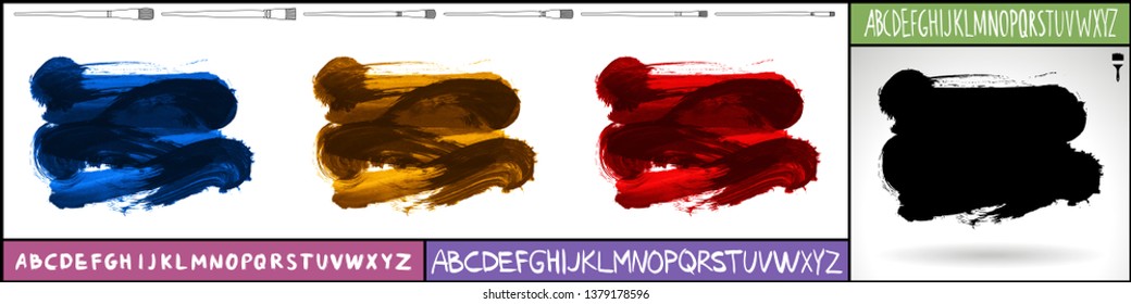 Brush stroke set and handwritten alphabet. Grunge vector abstract hand - painted element. Underline and border design.
