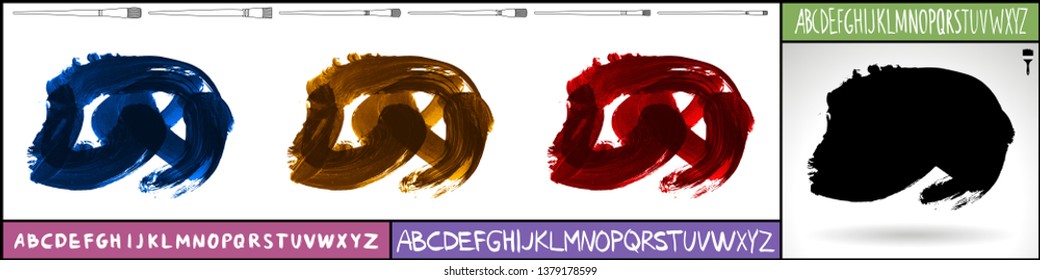 Brush stroke set and handwritten alphabet. Grunge vector abstract hand - painted element. Underline and border design.