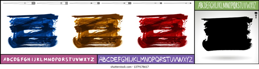 Brush stroke set and handwritten alphabet. Grunge vector abstract hand - painted element. Underline and border design.