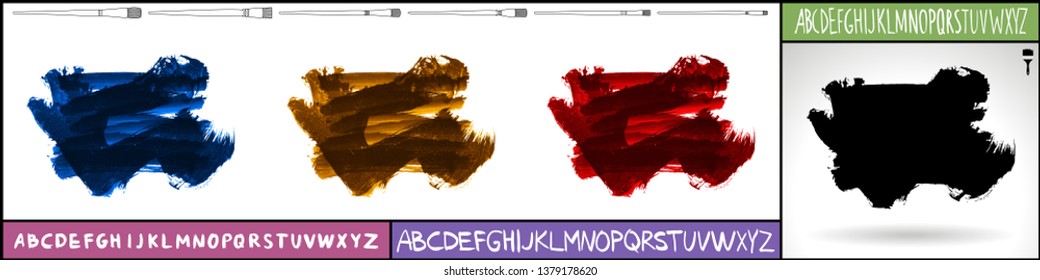 Brush stroke set and handwritten alphabet. Grunge vector abstract hand - painted element. Underline and border design.
