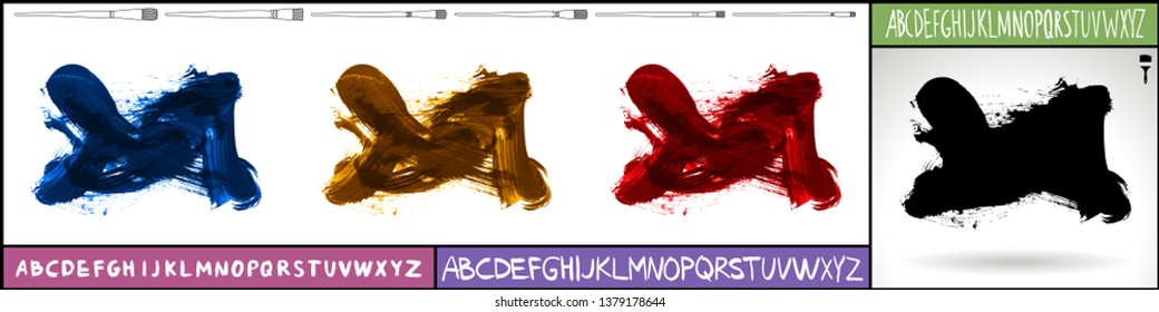 Brush stroke set and handwritten alphabet. Grunge vector abstract hand - painted element. Underline and border design.