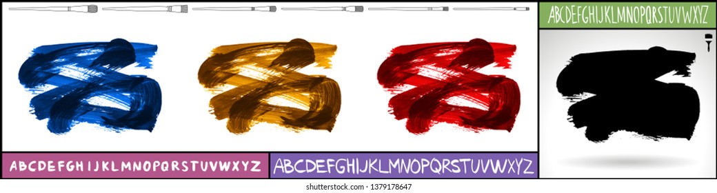 Brush stroke set and handwritten alphabet. Grunge vector abstract hand - painted element. Underline and border design.