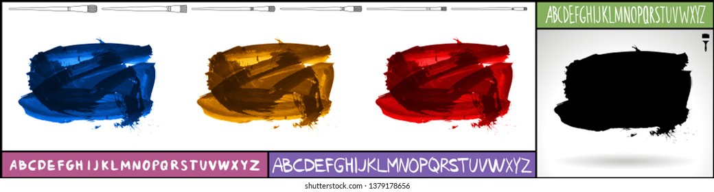 Brush stroke set and handwritten alphabet. Grunge vector abstract hand - painted element. Underline and border design.