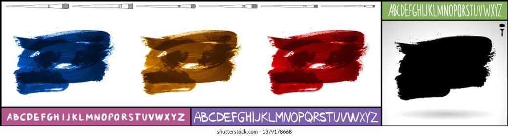 Brush stroke set and handwritten alphabet. Grunge vector abstract hand - painted element. Underline and border design.