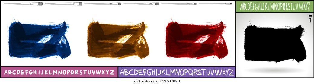 Brush stroke set and handwritten alphabet. Grunge vector abstract hand - painted element. Underline and border design.