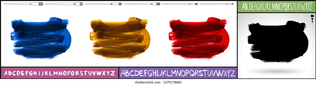 Brush stroke set and handwritten alphabet. Grunge vector abstract hand - painted element. Underline and border design.