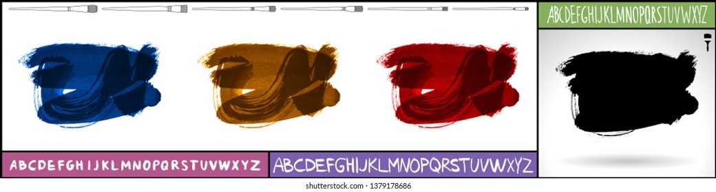 Brush stroke set and handwritten alphabet. Grunge vector abstract hand - painted element. Underline and border design.